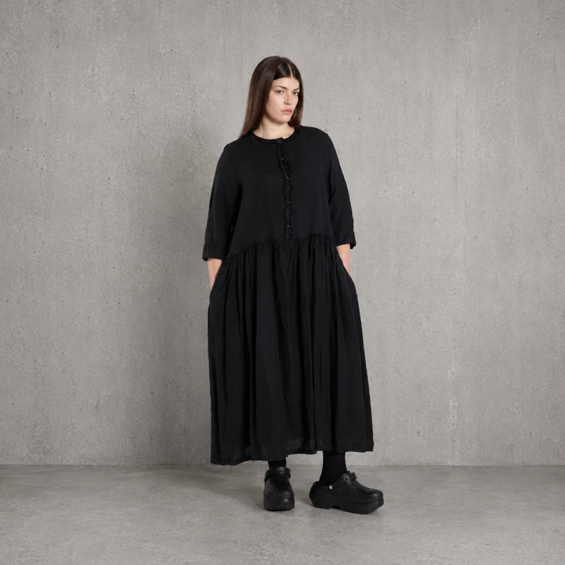 Sukienka LINEN BUTTON – czarna, 100% len – WENDY TRENDY