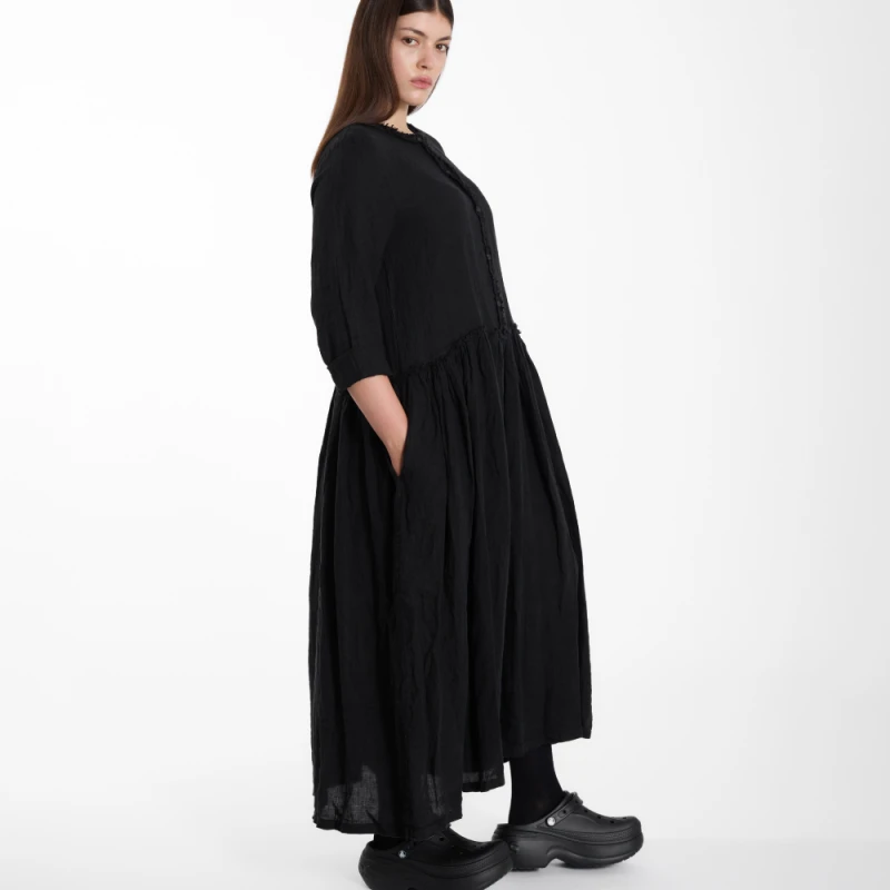 Sukienka LINEN BUTTON – czarna, 100% len – WENDY TRENDY