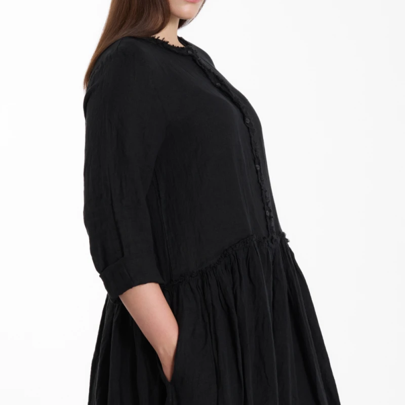 Sukienka LINEN BUTTON – czarna, 100% len – WENDY TRENDY