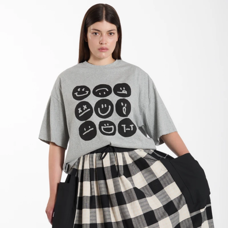T-SHIRT „EMOTKI” – szary z grubiej bawełny